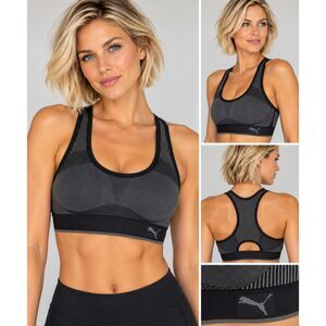 Puma Black Gray Racerback Sports Bra Mesh Detail Athleisure loungewear L